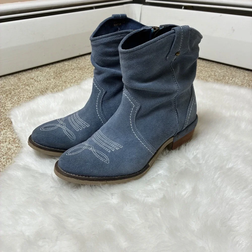Sundance Blue Suede Slouchy Western Ankle Boots Size 38 Cowgirl Rodeo Hand Made